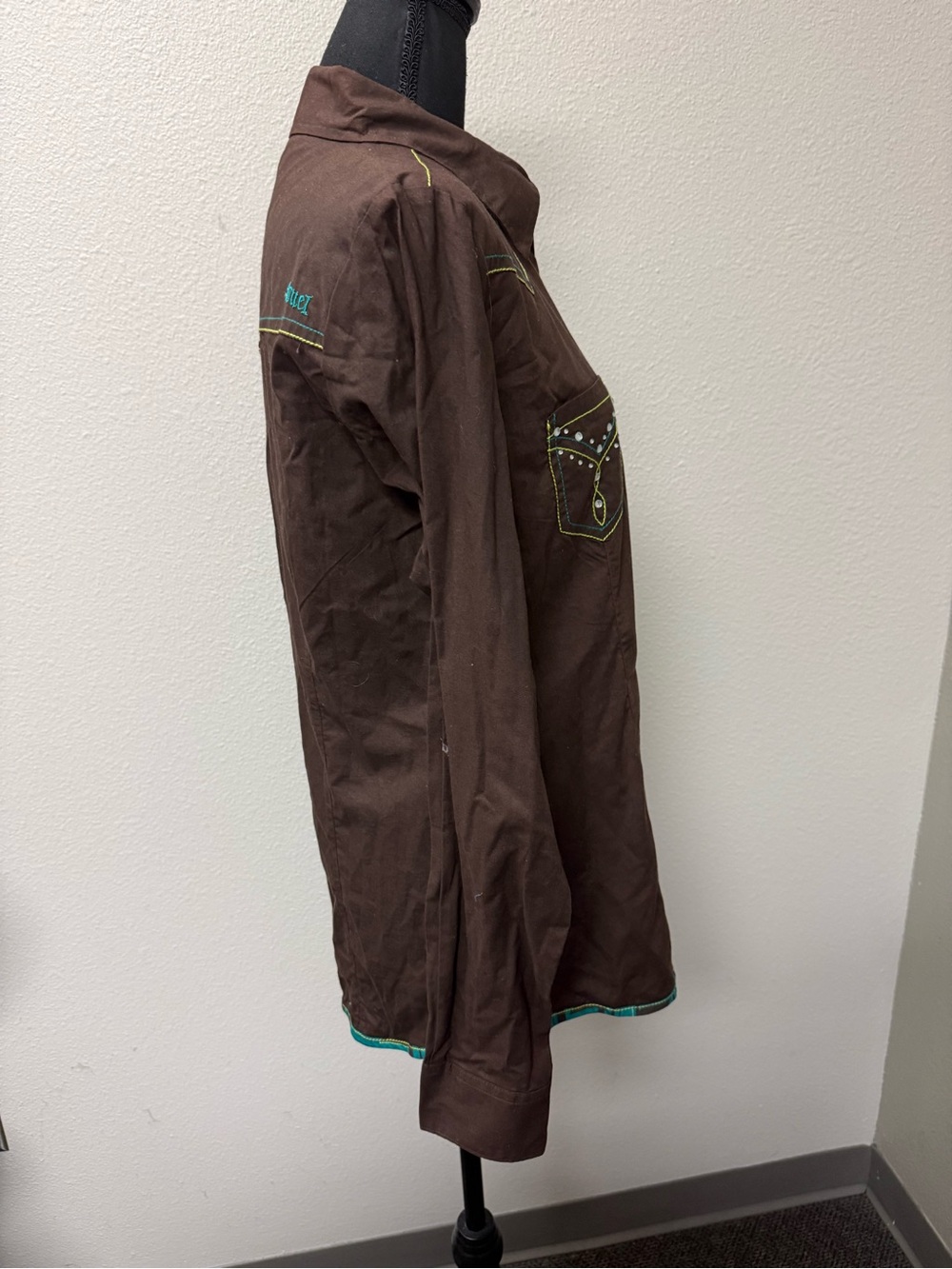 Cruel Girl Brown Western Snap Shirt Turquoise Trim Embroidered Large Boho - Picture 6 of 11